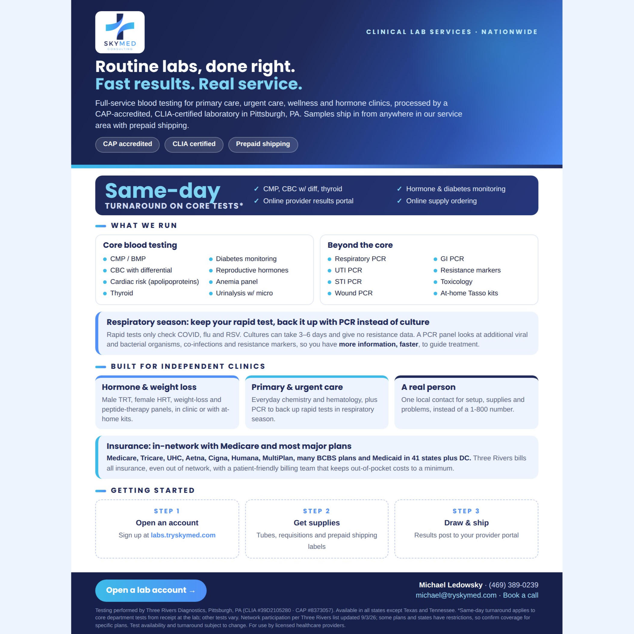 SkyMed clinical lab services overview: routine blood work, PCR panels, insurance network and getting started
