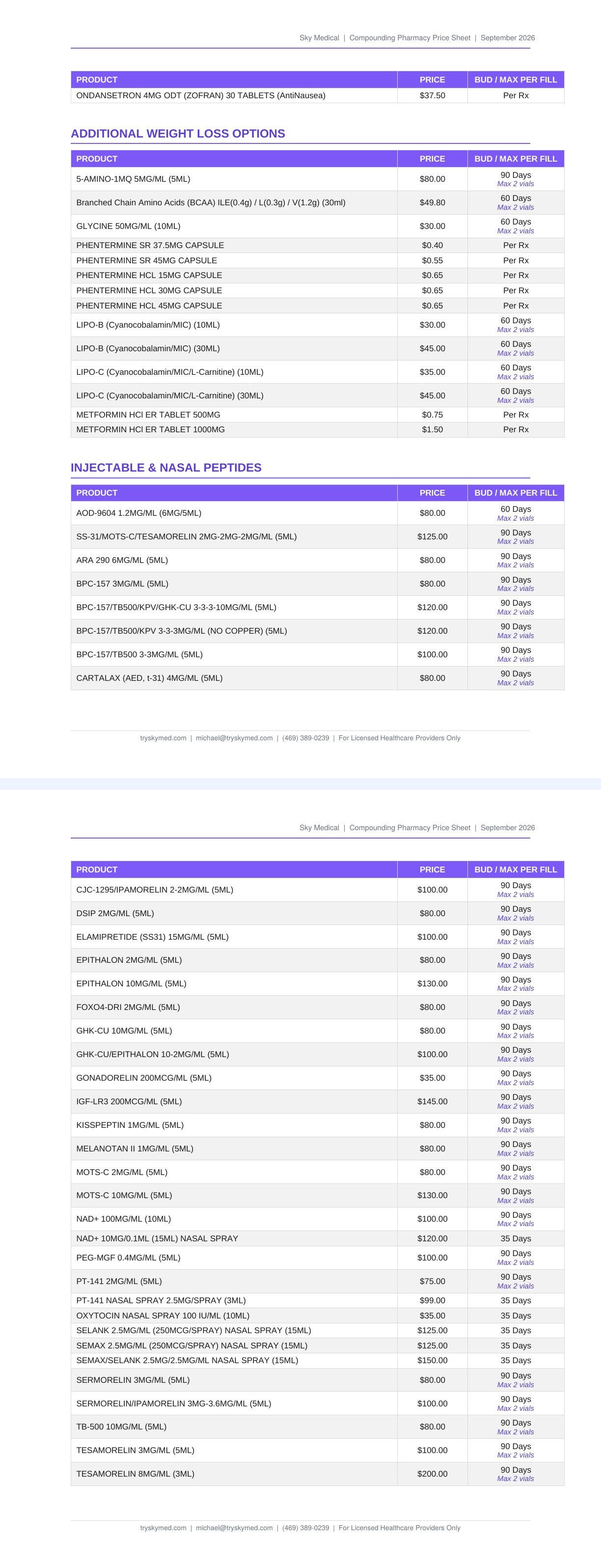 SkyMed pharmacy price sheet: compounded GLP-1s, peptides, hormones and moreSkyMed at-home blood collection kits with the Tasso device: clinic pricing from $65 per kitSkyMed lab testing for Texas and Tennessee clinics: blood panels, PCR panels and 9 PM pick
