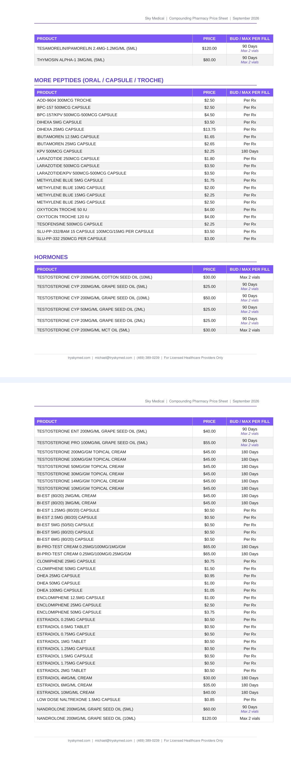 SkyMed pharmacy price sheet: compounded GLP-1s, peptides, hormones and moreSkyMed at-home blood collection kits with the Tasso device: clinic pricing from $65 per kitSkyMed lab testing for Texas and Tennessee clinics: blood panels, PCR panels and 9 PM pick
