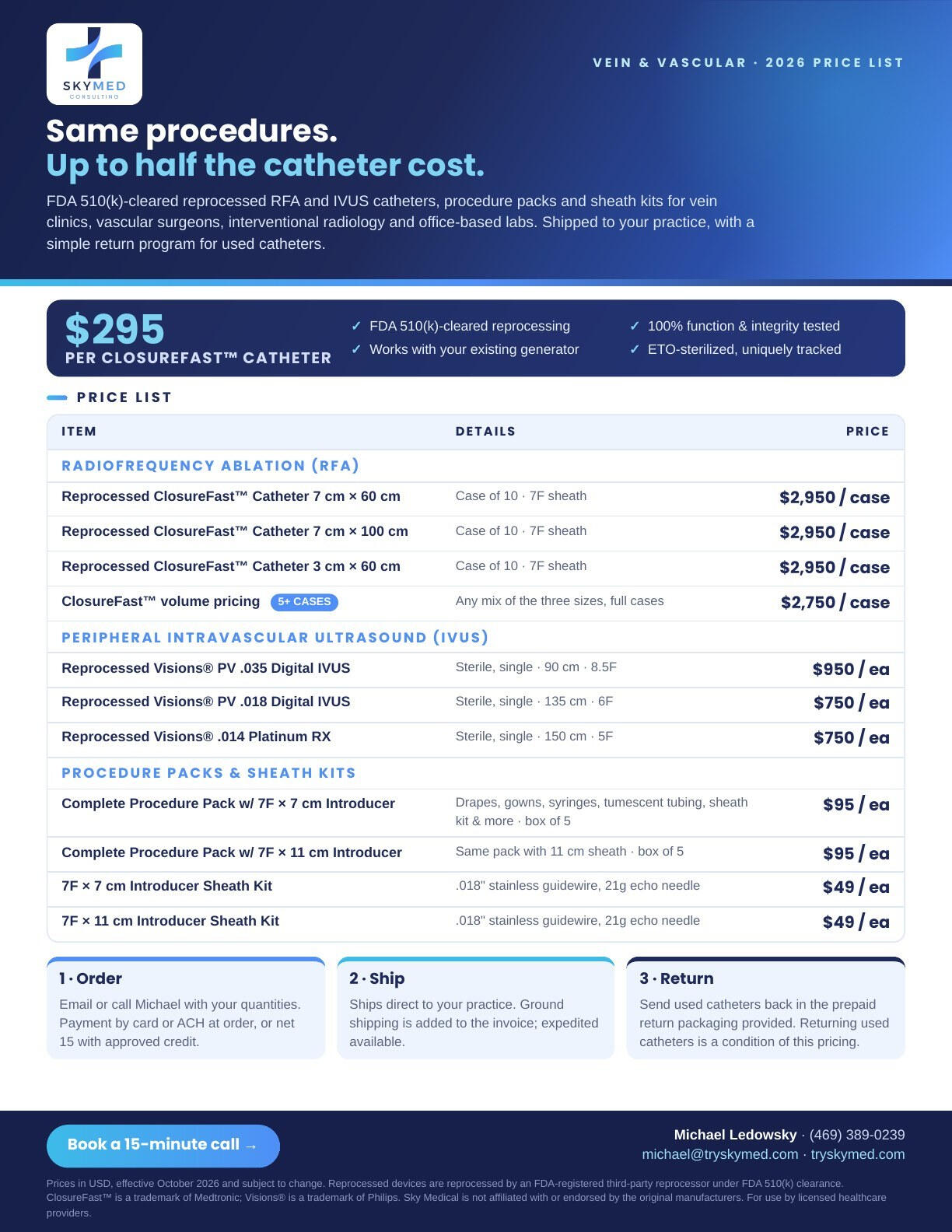 SkyMed vein and vascular price list: reprocessed RFA and IVUS catheters, procedure packs and sheath kits.